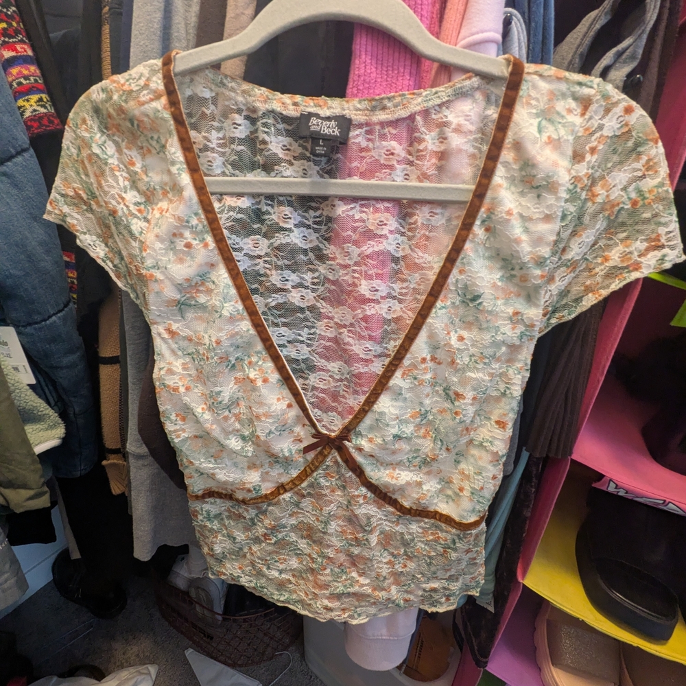 *American Rag Floral Lace Blouse with Brown Accents